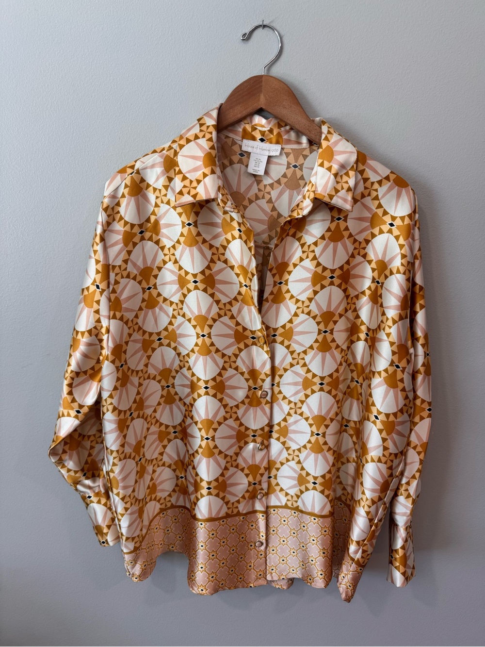 House of Harlow 1960 Geometric Print Button-Up Blouse in Mustard and Cream